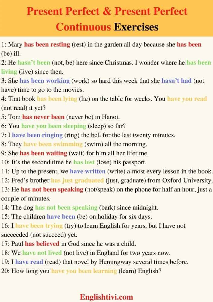 Present Perfect Continuous Exercises With Answers