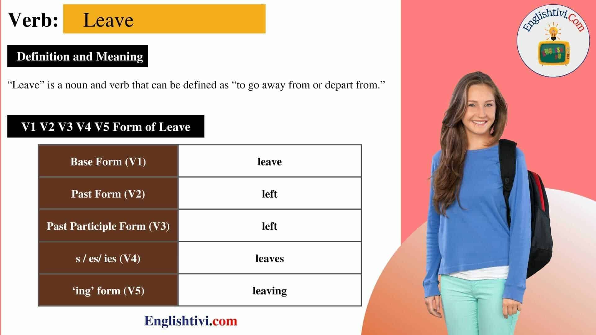 Leave V1 V2 V3 V4 V5 Base Form Past Simple Past Participle Form Of 