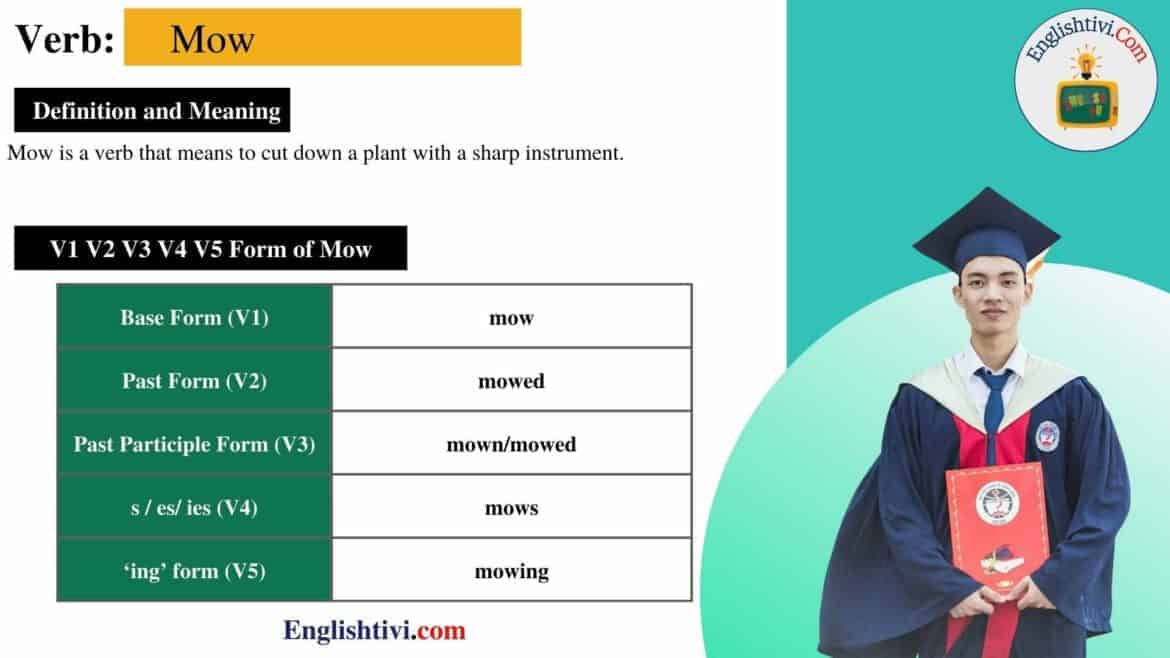 Mow V1 V2 V3 V4 V5 Base Form, Past Simple, Past Participle Form of Mow