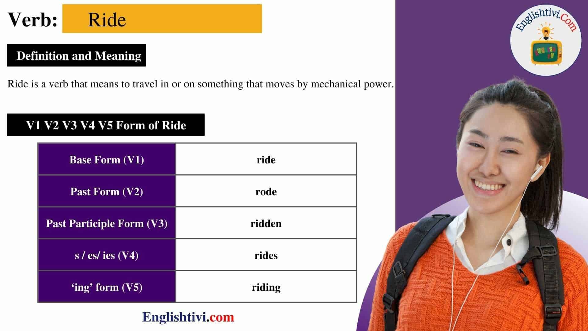 Ride V1 V2 V3 V4 V5 Base Form Past Simple Past Participle Form Of 