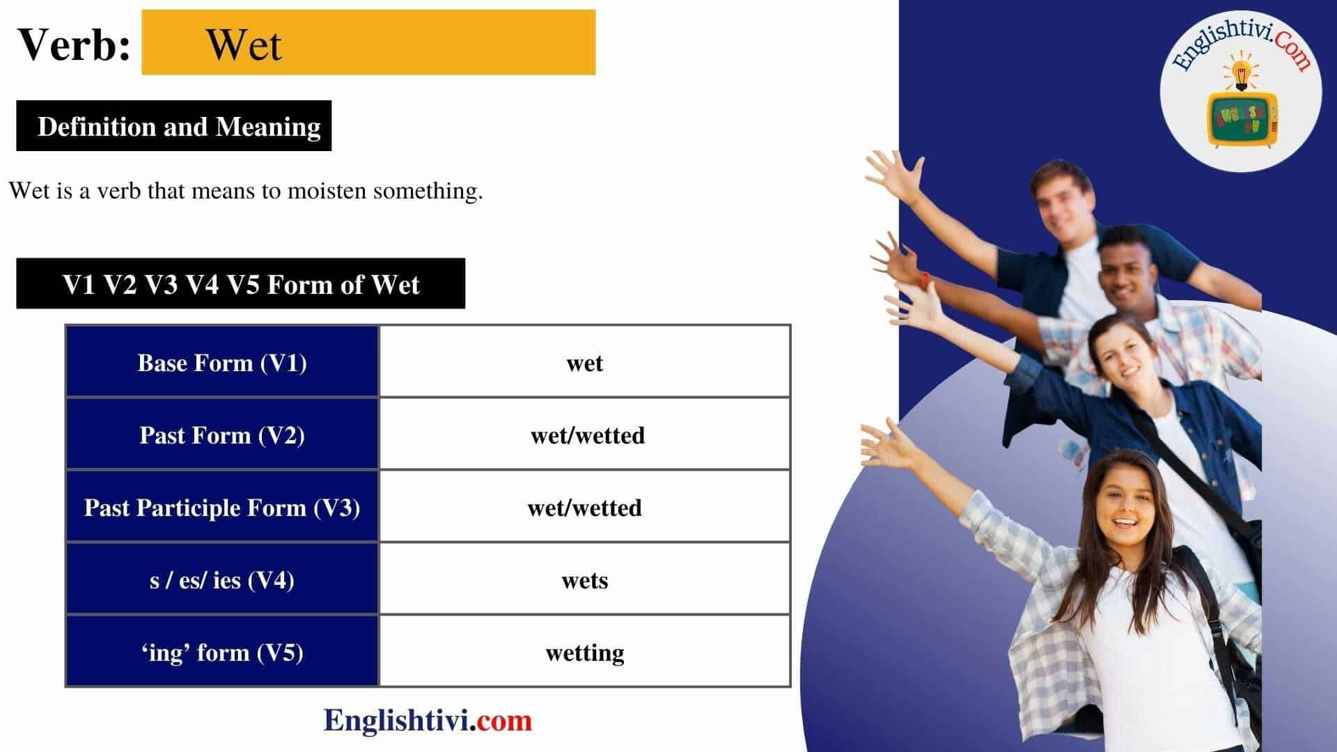 Wet V1 V2 V3 V4 V5 Base Form Past Simple Past Participle Form Of Wet 