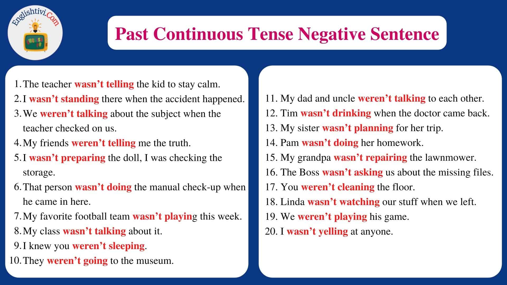 Past Continuous Tense Negative Example