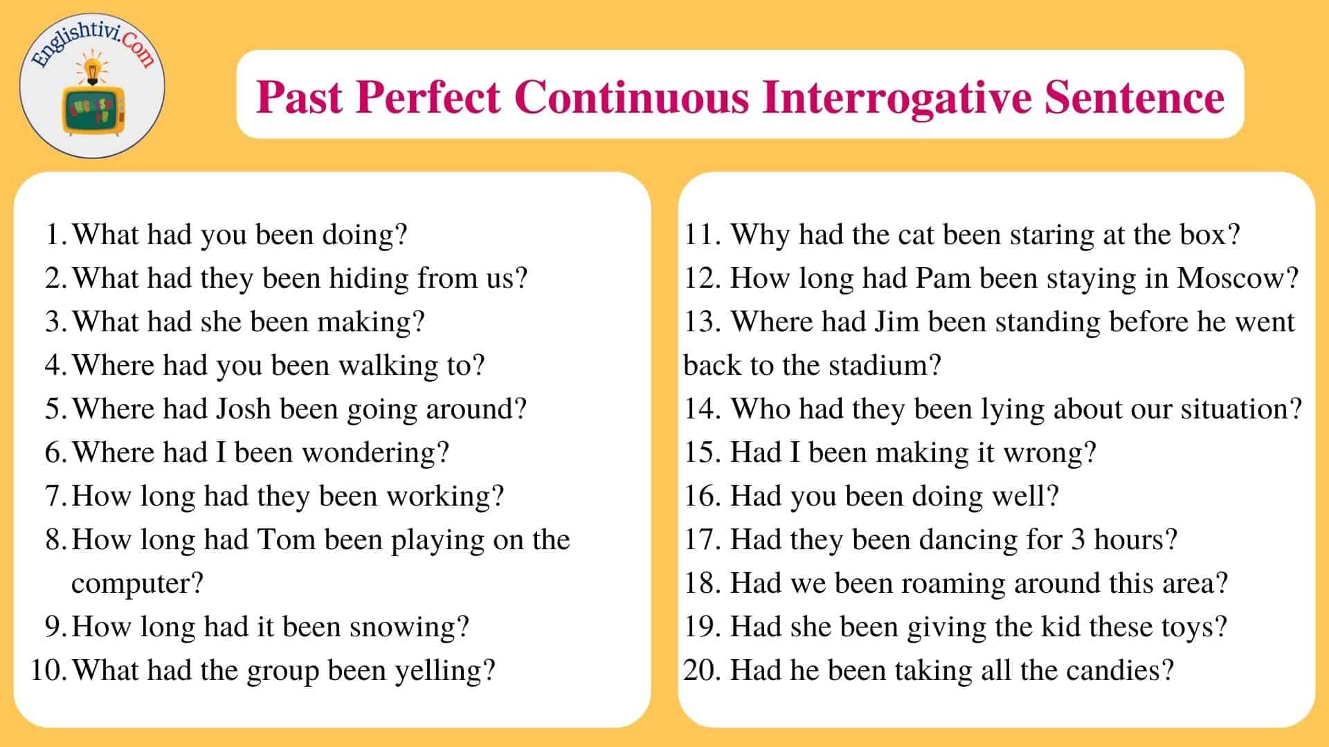 Past Perfect Continuous Tense Interrogative Sentences Examples