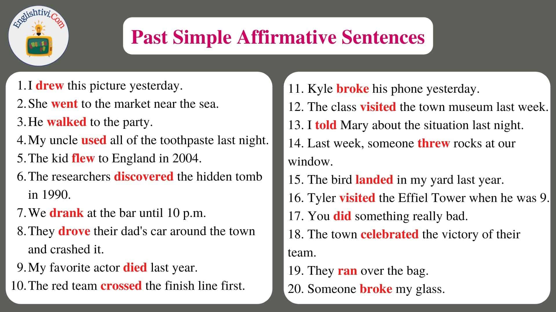 Example sentences related to simple past tense, 20 Sentences in