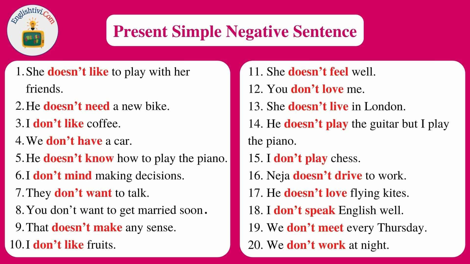 Write 10 Negative Sentences In Simple Present