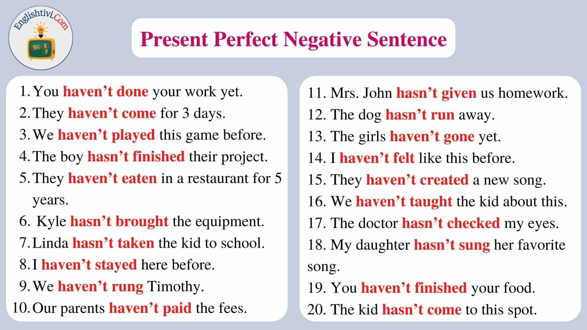 20 ejemplos de oraciones negativas en ingles