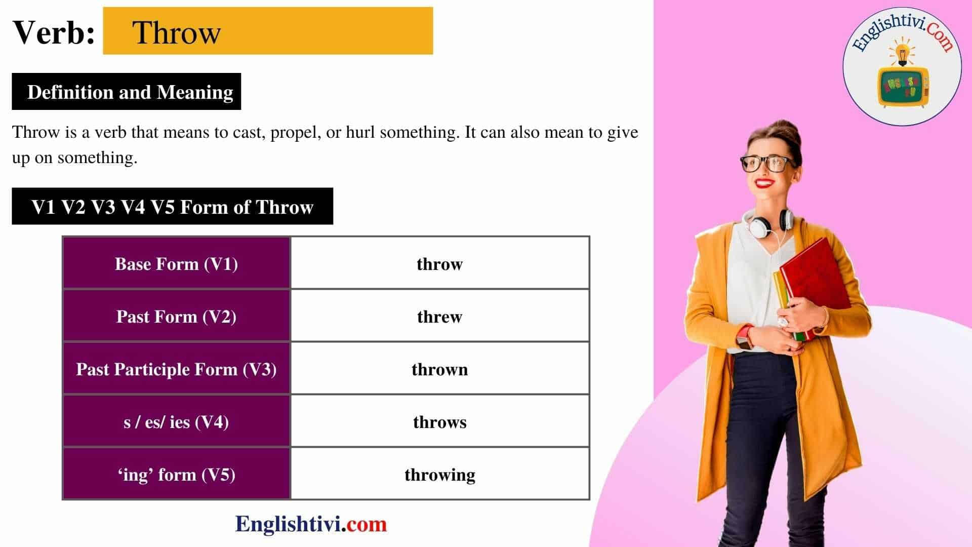 Throw V1 V2 V3 V4 V5 Base Form Past Simple Past Participle Form Of 