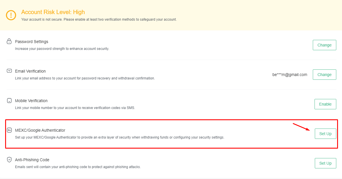 Activate 2-step security 2FA on MEXC