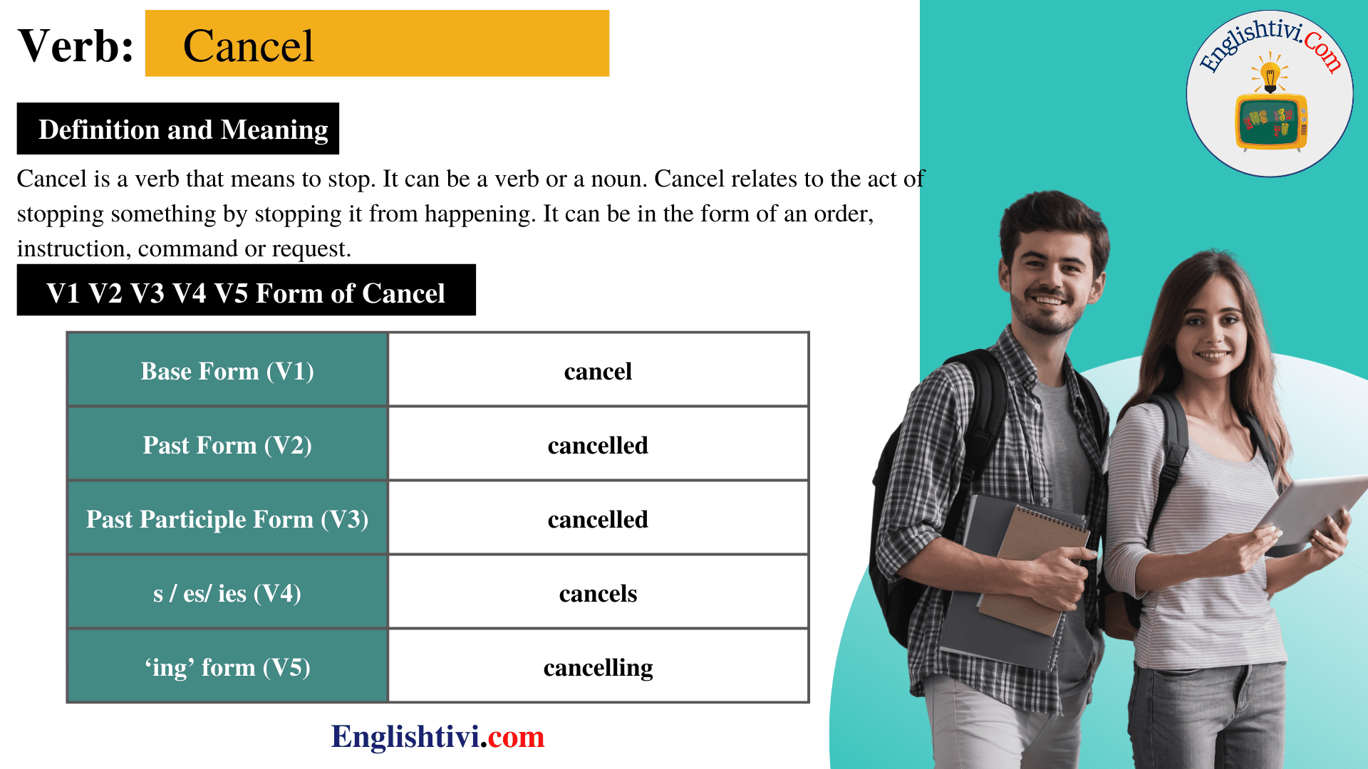 cancel-v1-v2-v3-v4-v5-base-form-past-simple-past-participle-form-of