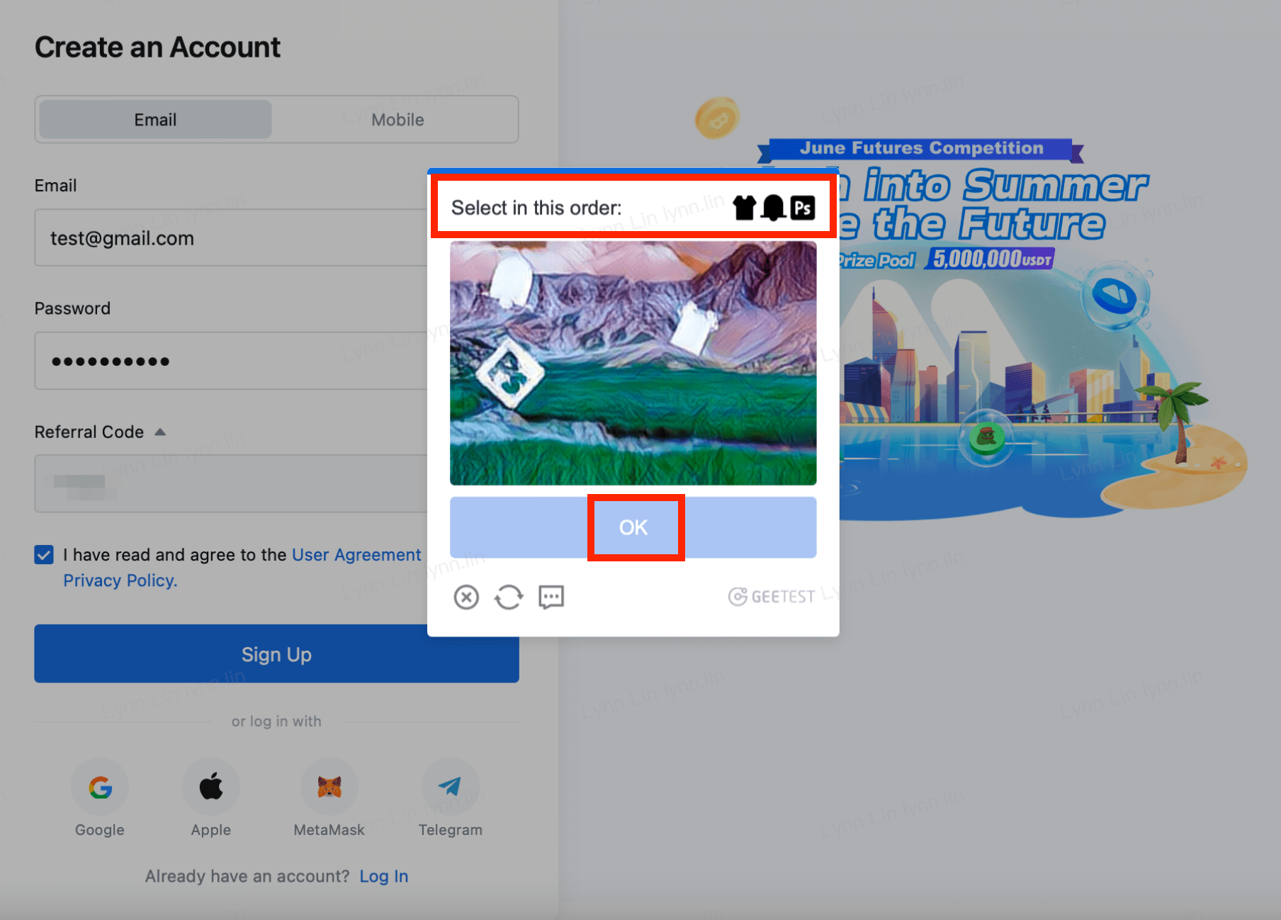 Upon clicking the sign up
