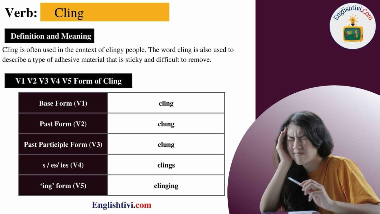 Cling V1 V2 V3 V4 V5 Base Form, Past Simple, Past Participle Form of ...