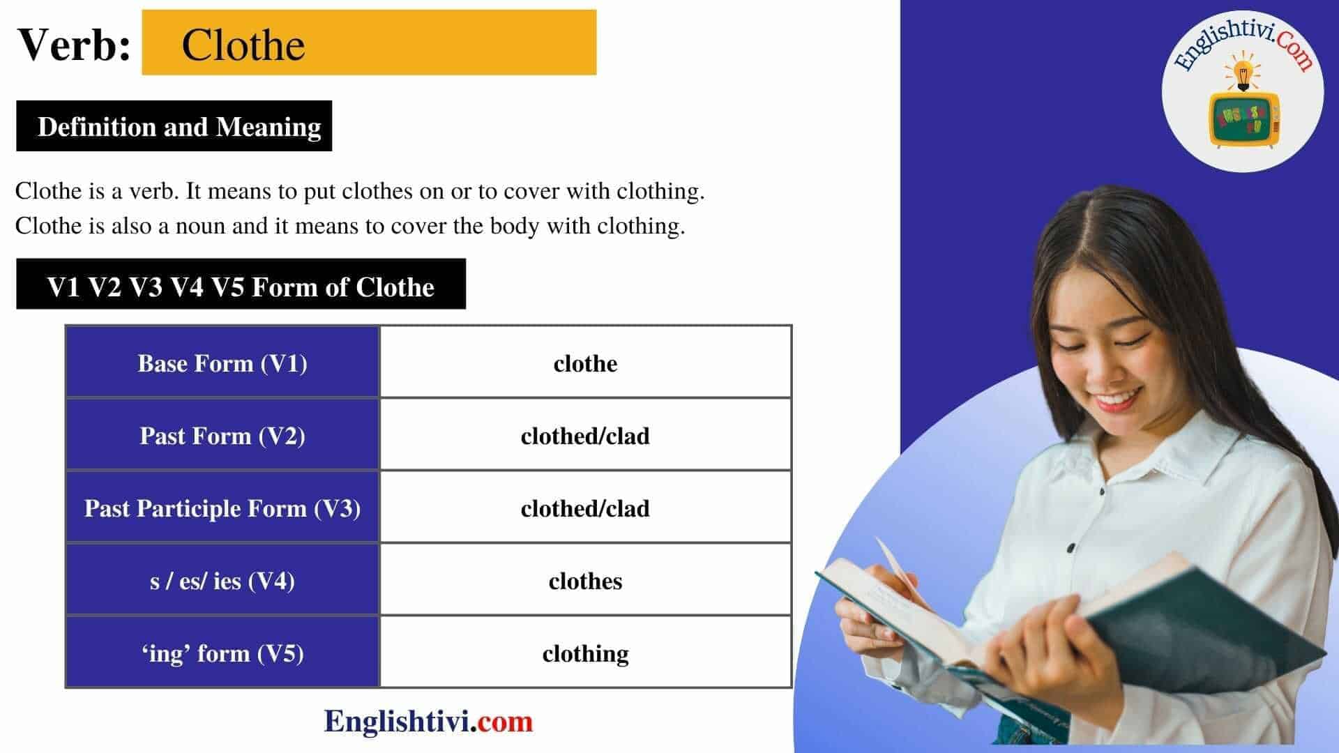 Clothe-v1-v2-v3-v4-v5-base-form-past-simple-past-participle-form-of-Clothe