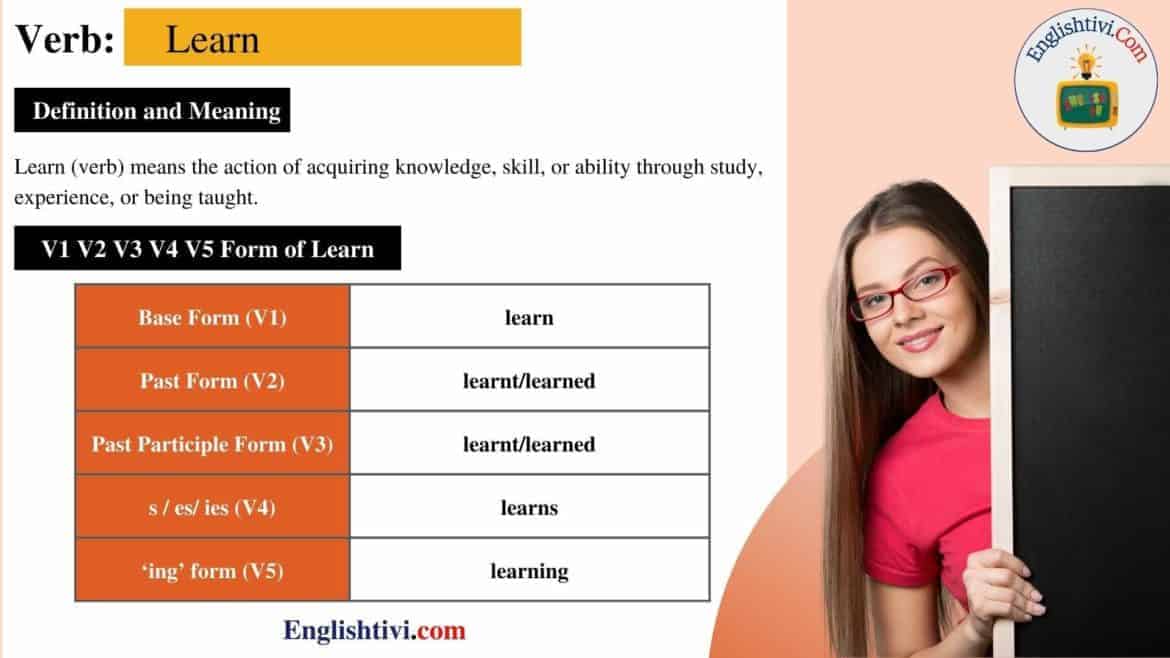 Learn V1 V2 V3 V4 V5 Base Form, Past Simple, Past Participle Form of Learn