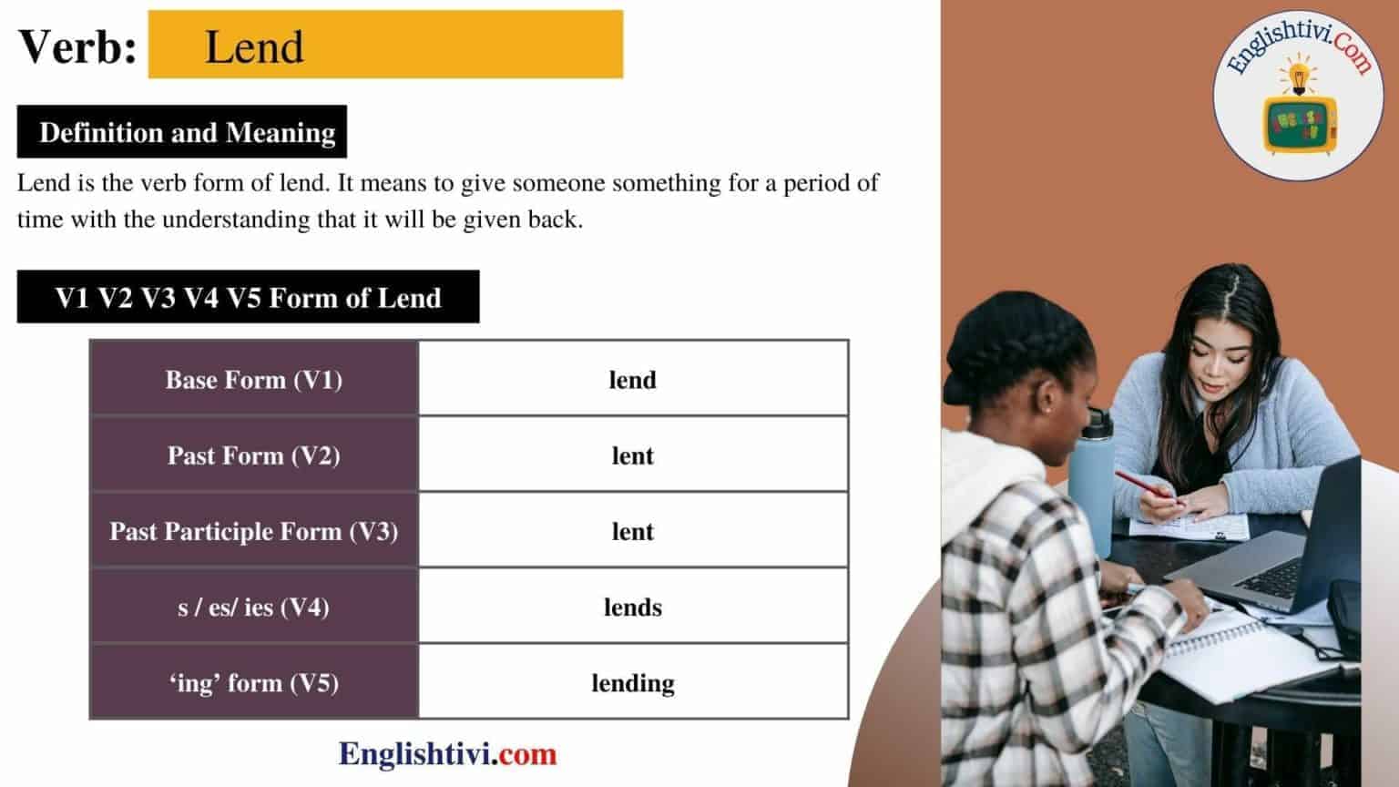 Lend V1 V2 V3 V4 V5 Base Form, Past Simple, Past Participle Form of ...