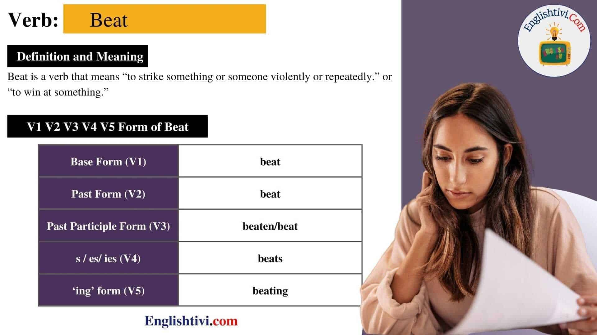 Beat V1 V3 V4 V5 Base Form, Past Simple, Participle Form of Beat - Englishtivi