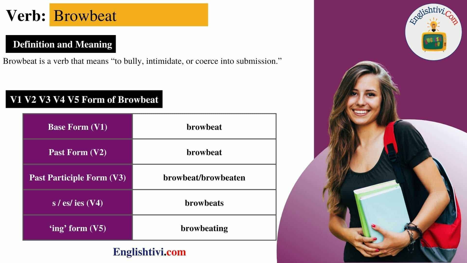 Browbeat-v1-v2-v3-v4-v5-base-form-past-simple-past-participle-form-of-Browbeat