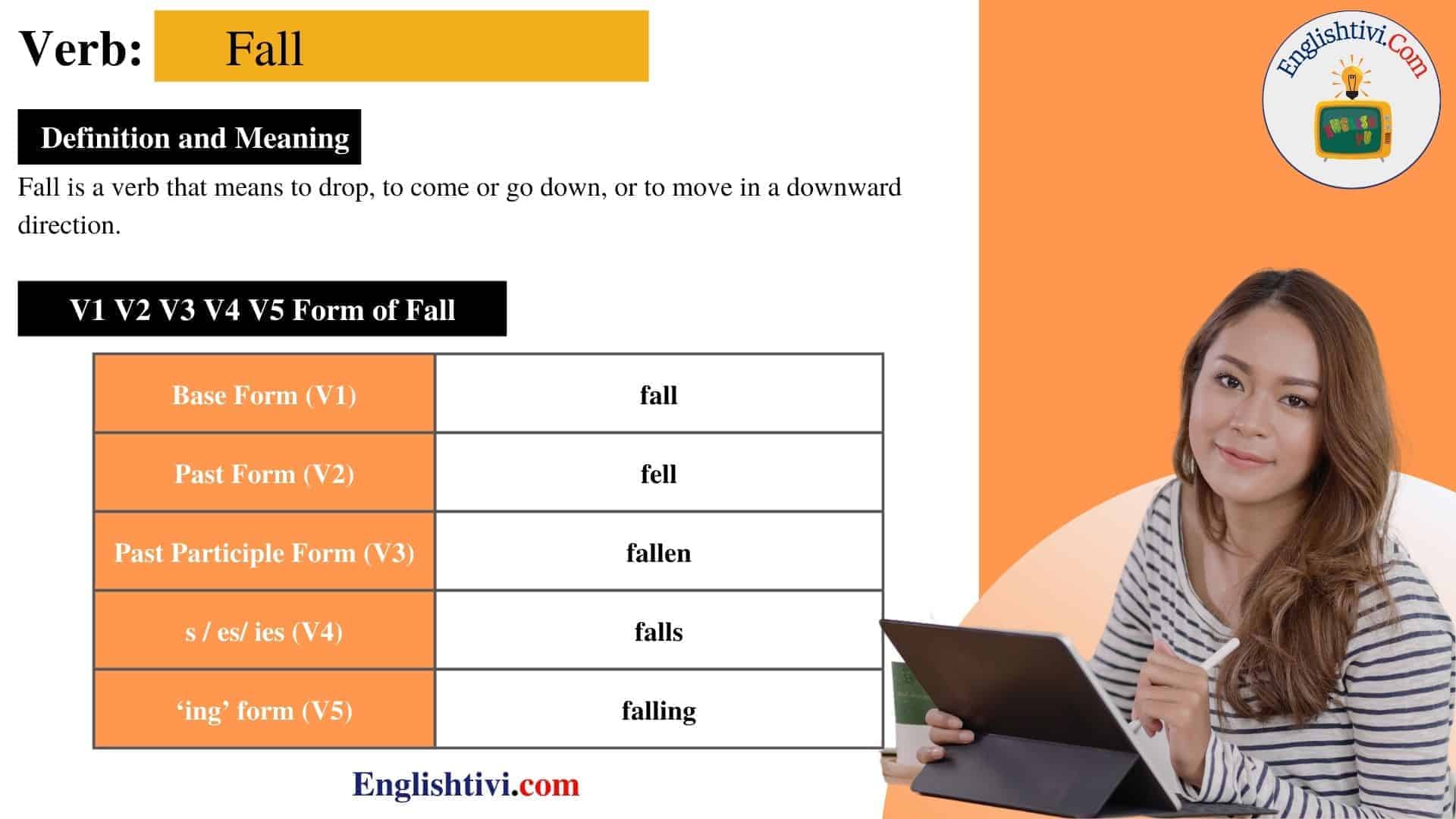 Past Tense of Fall down, Past Participle of Fall down, V1 V2 V3 V4 V5 Form  of Fall down - English Study Here