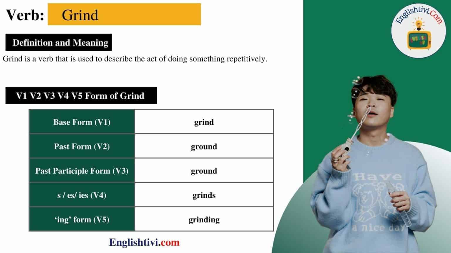 Grind V1 V2 V3 V4 V5 Base Form, Past Simple, Past Participle Form of