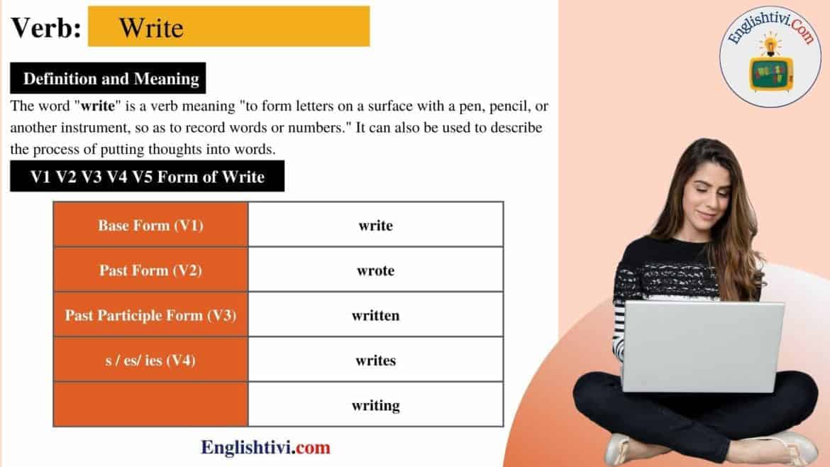 Write V1 V2 V3 V4 V5 Base Form, Past Simple, Past Participle Form of Write