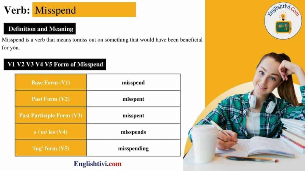 Misspend V1 V2 V3 V4 V5 Base Form, Past Simple, Past Participle Form of ...