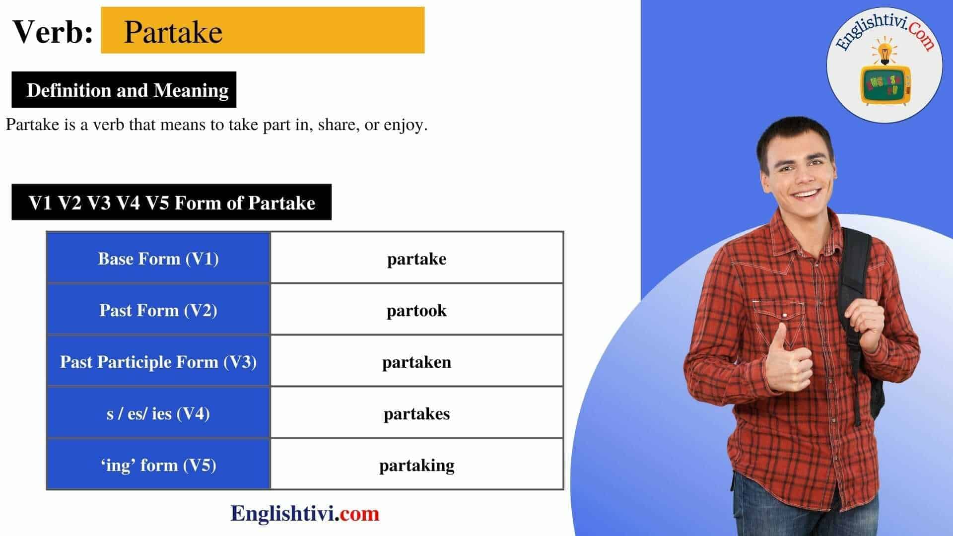 Partake-v1-v2-v3-v4-v5-base-form-past-simple-past-participle-form-of-Partake