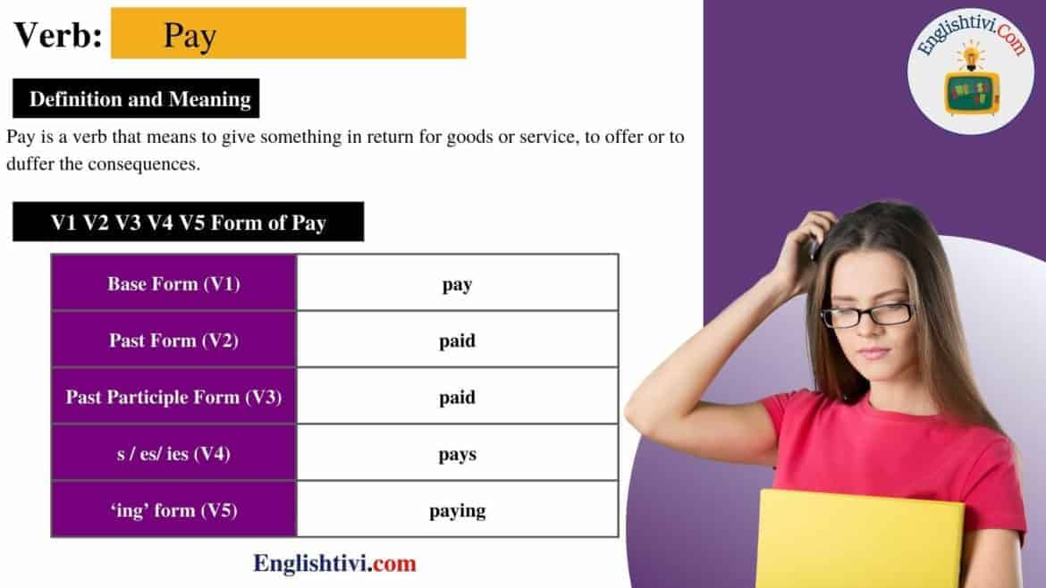 Pay V1 V2 V3 V4 V5 Base Form, Past Simple, Past Participle Form of Pay