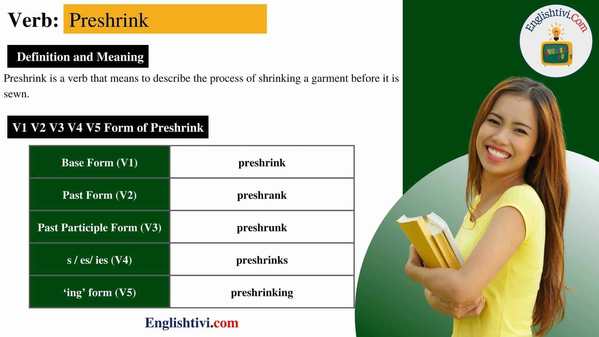 Preshrink V1 V2 V3 V4 V5 Base Form, Past Simple, Past Participle Form of Preshrink