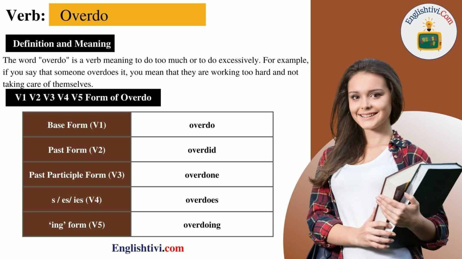 Overdo V1 V2 V3 V4 V5 Base Form, Past Simple, Past Participle Form of ...