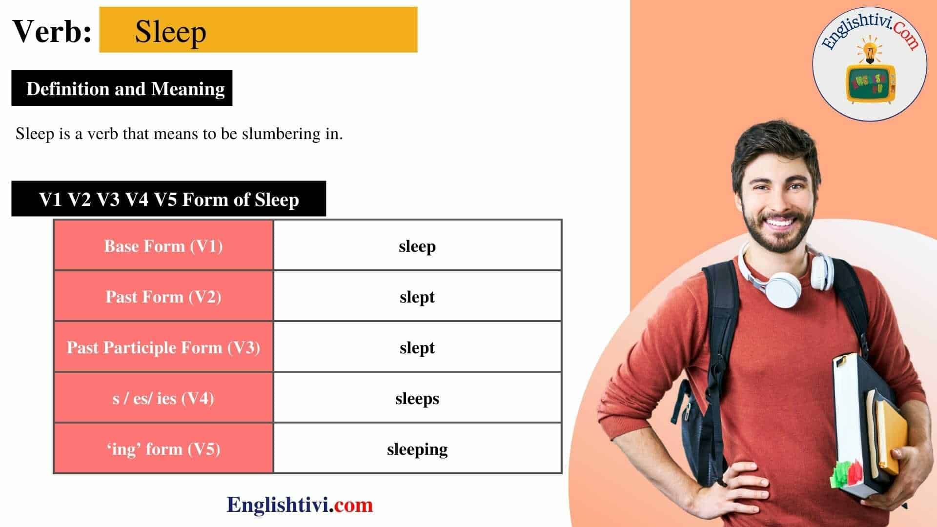Sleep V1 V2 V3 V4 V5 Base Form, Past Simple, Past Participle Form Of Sleep  - Englishtivi