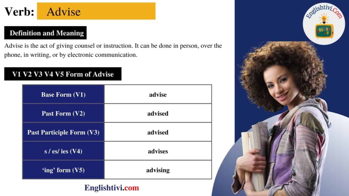 Advise V1 V2 V3 V4 V5 Base Form, Past Simple, Past Participle Form of Advise