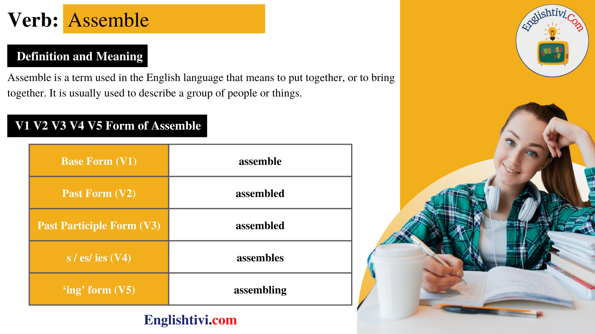 Assemble V1 V2 V3 V4 V5 Base Form, Past Simple, Past Participle Form of