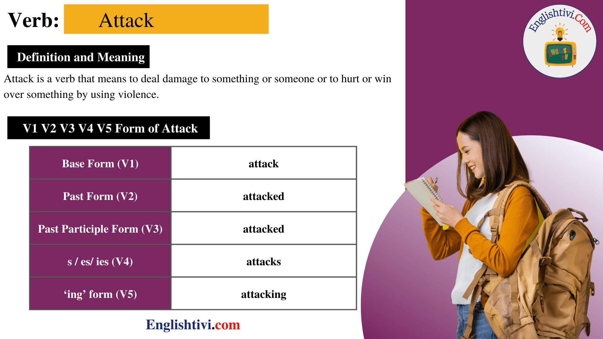 attack-v1-v2-v3-v4-v5-base-form-past-simple-past-participle-form-of