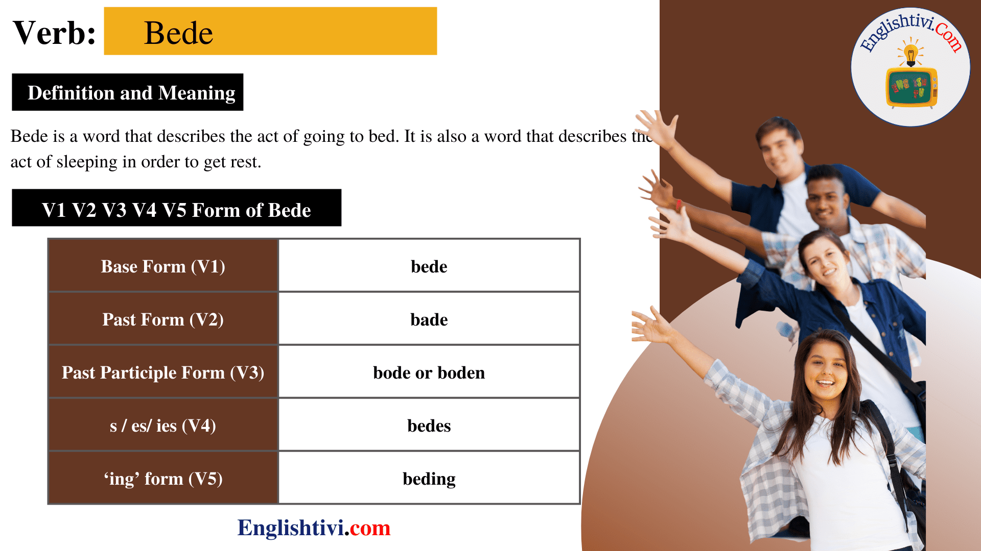 Bede V1 V2 V3 V4 V5 Base Form, Past Simple, Past Participle Form of