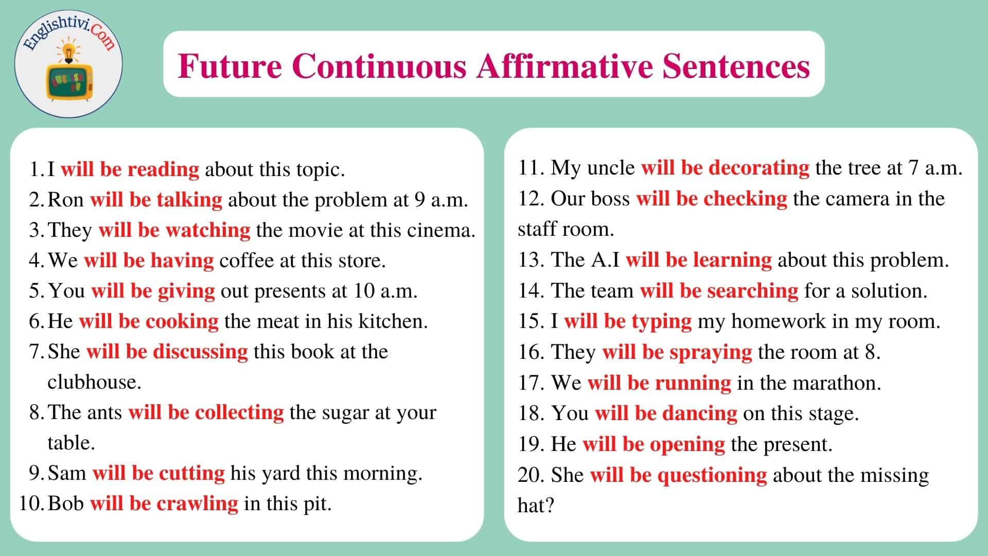 Future Continuous 10 Sentences