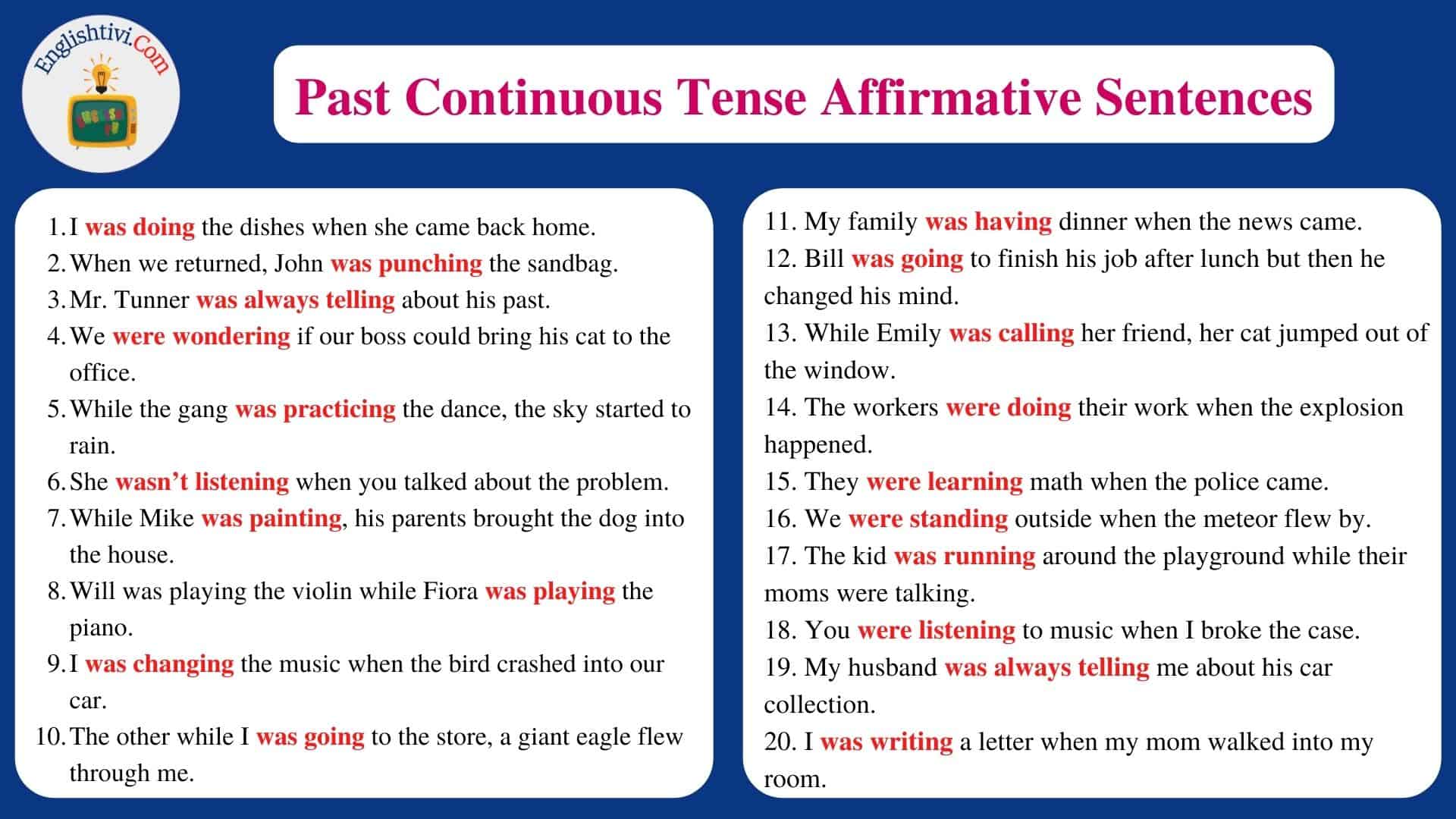 Past Continuous Tense Affirmative Sentences