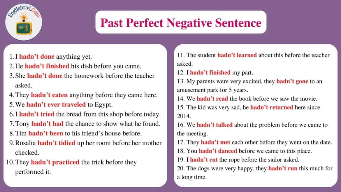 Sentences Example In Past Perfect Tense Englishtivi