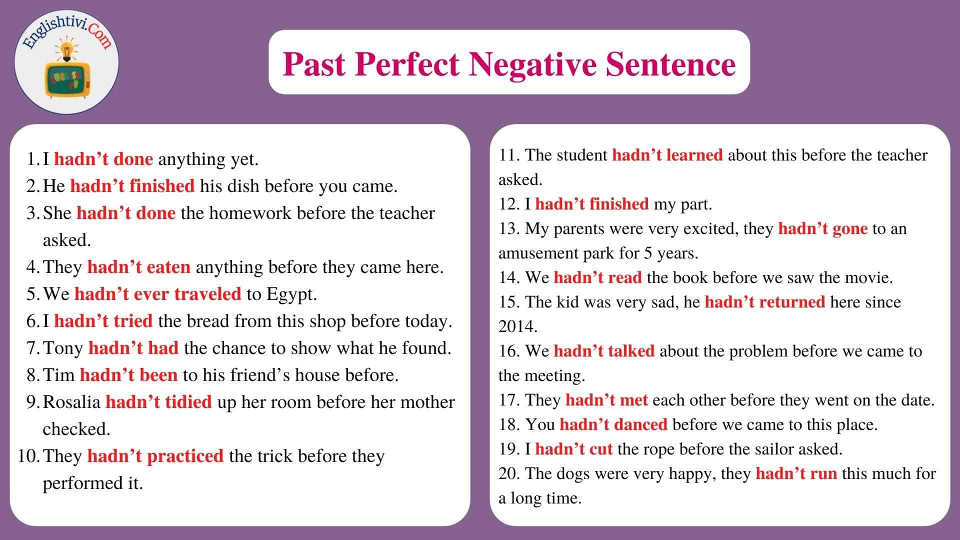Past Perfect Negative Sentence