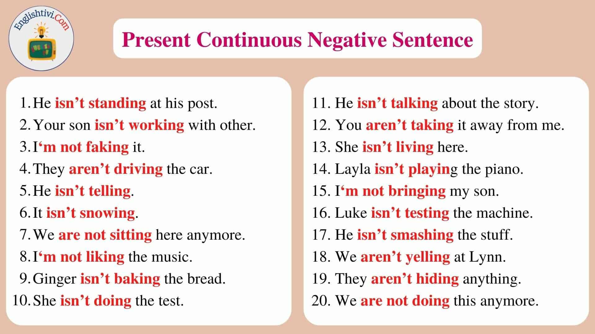 Past continuous negative sentences. Present Continuous negative. Present Continuous negative and interrogative. Present Continuous sentences. Present Continuous examples sentences.