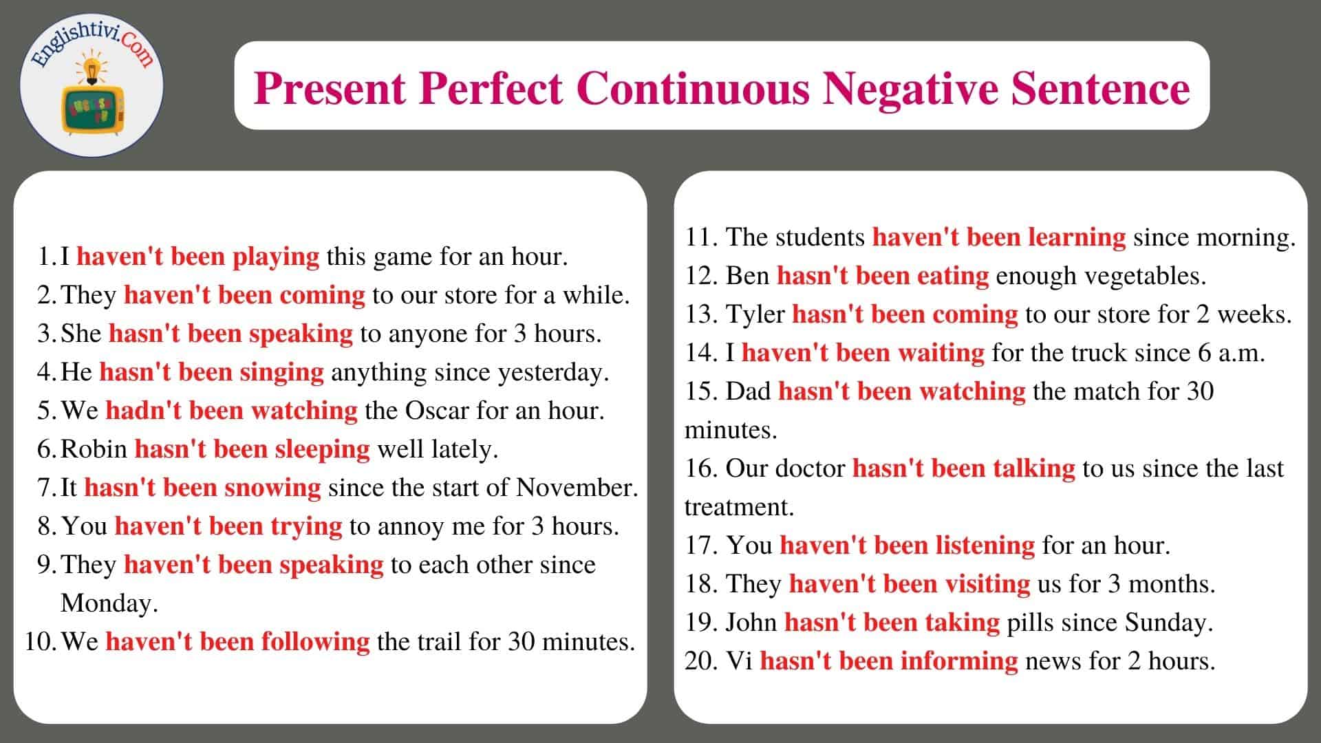 60 Sentences Example In Present Perfect Continuous Tense Englishtivi