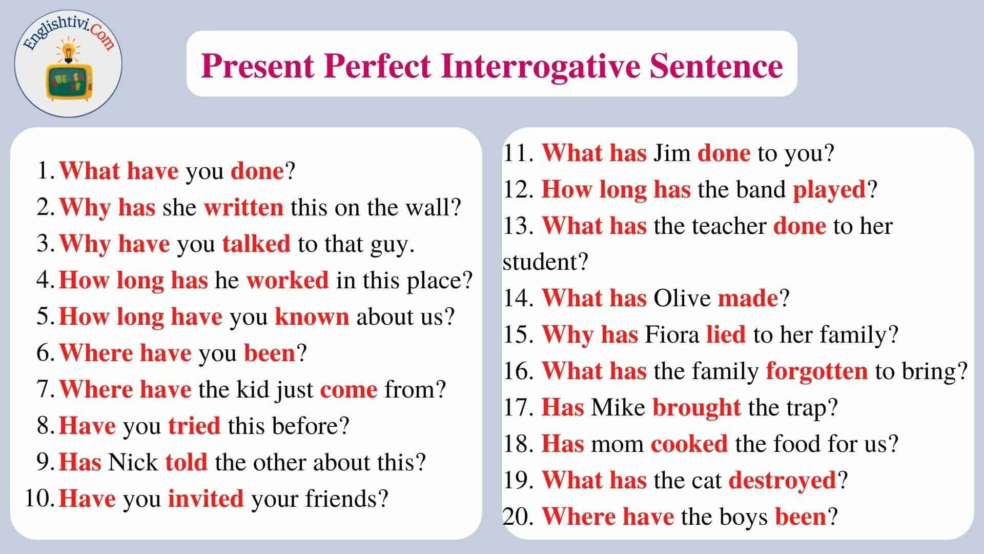 Present Perfect Tense Interrogative Sentences Examples Photos Gift My 