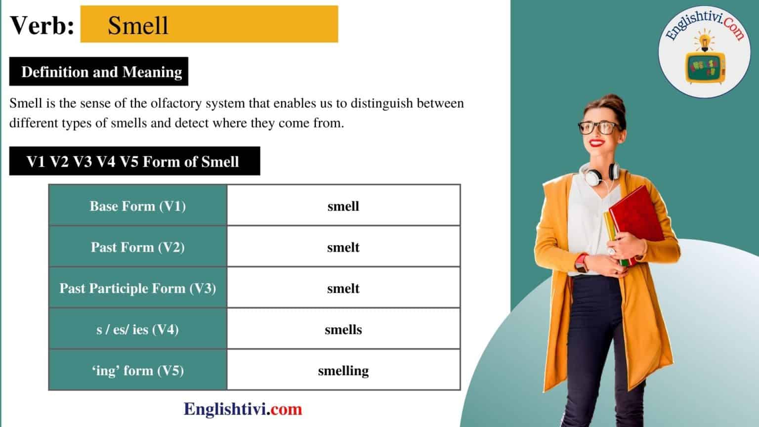 smell-v1-v2-v3-v4-v5-base-form-past-simple-past-participle-form-of