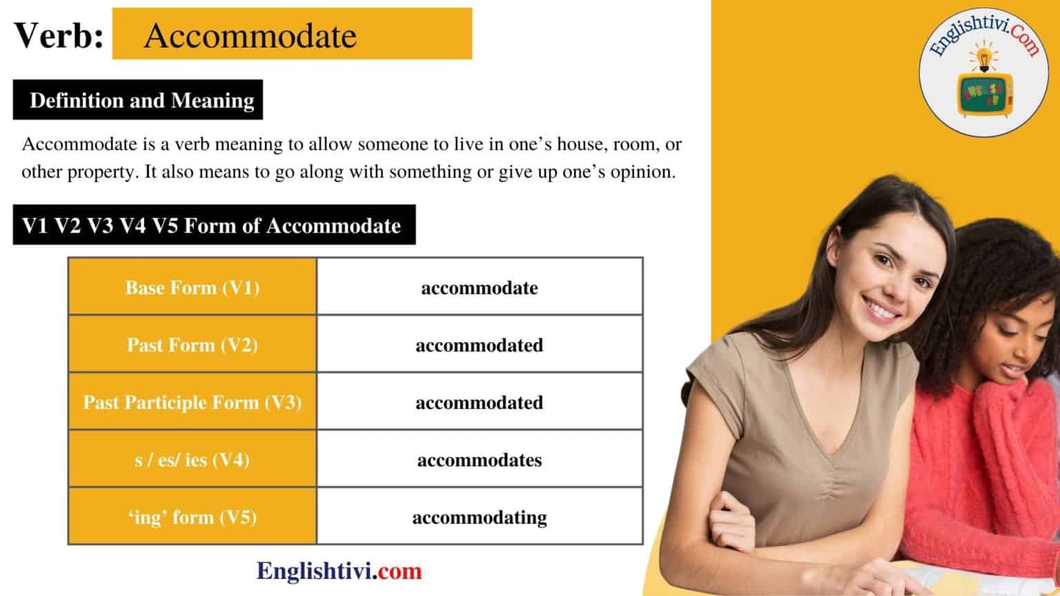 Accommodate V1 V2 V3 V4 V5 Base Form, Past Simple, Past Participle Form ...