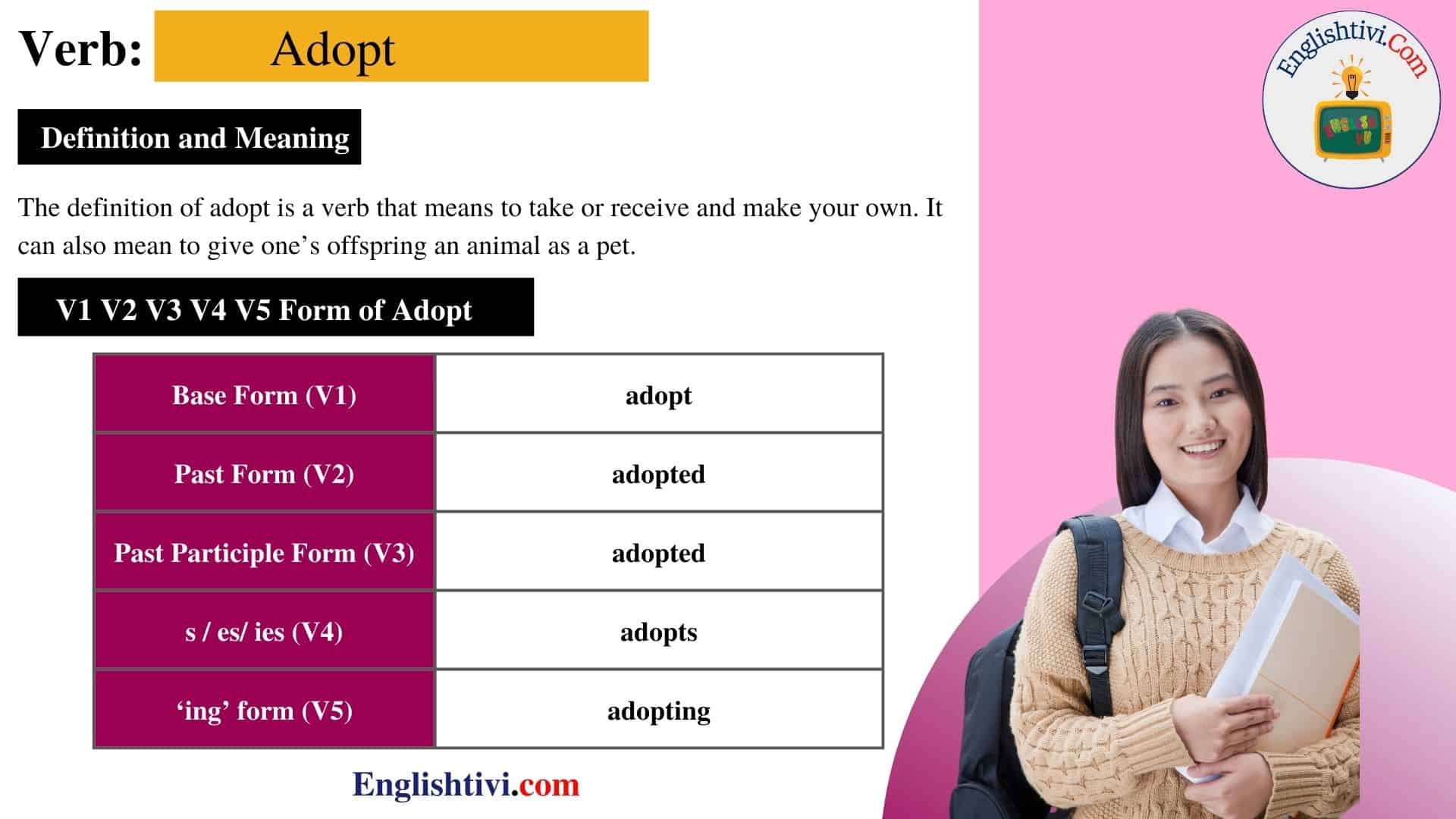 Adopt V1 V2 V3 V4 V5 Base Form Past Simple Past Participle Form Of 