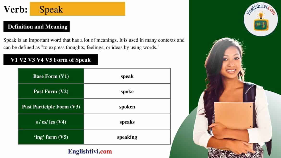 Speak V1 V2 V3 V4 V5 Base Form, Past Simple, Past Participle Form of Speak