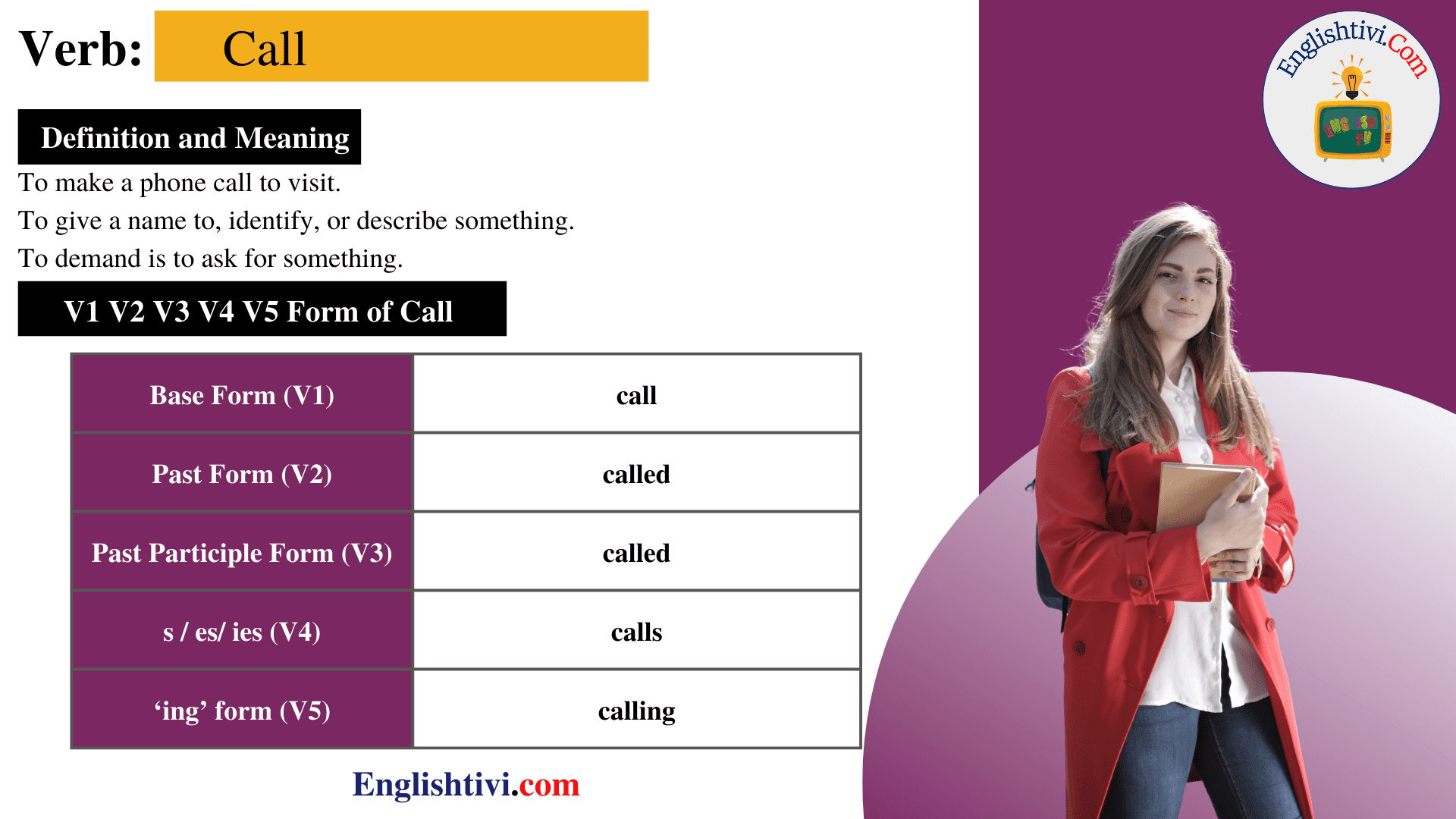 Call V1 V2 V3 V4 V5 Base Form Past Simple Past Participle Form Of 