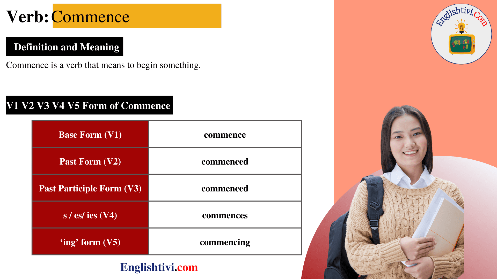 commence-v1-v2-v3-v4-v5-base-form-past-simple-past-participle-form-of