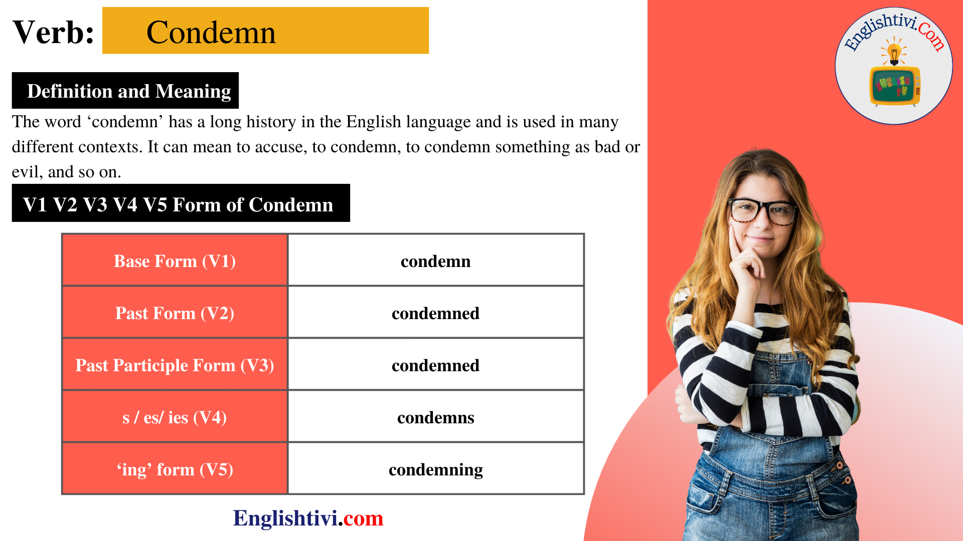 condemn-v1-v2-v3-v4-v5-base-form-past-simple-past-participle-form-of