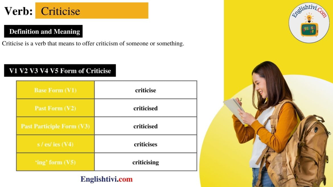 Criticise V1 V2 V3 V4 V5 Base Form, Past Simple, Past Participle Form of Criticise