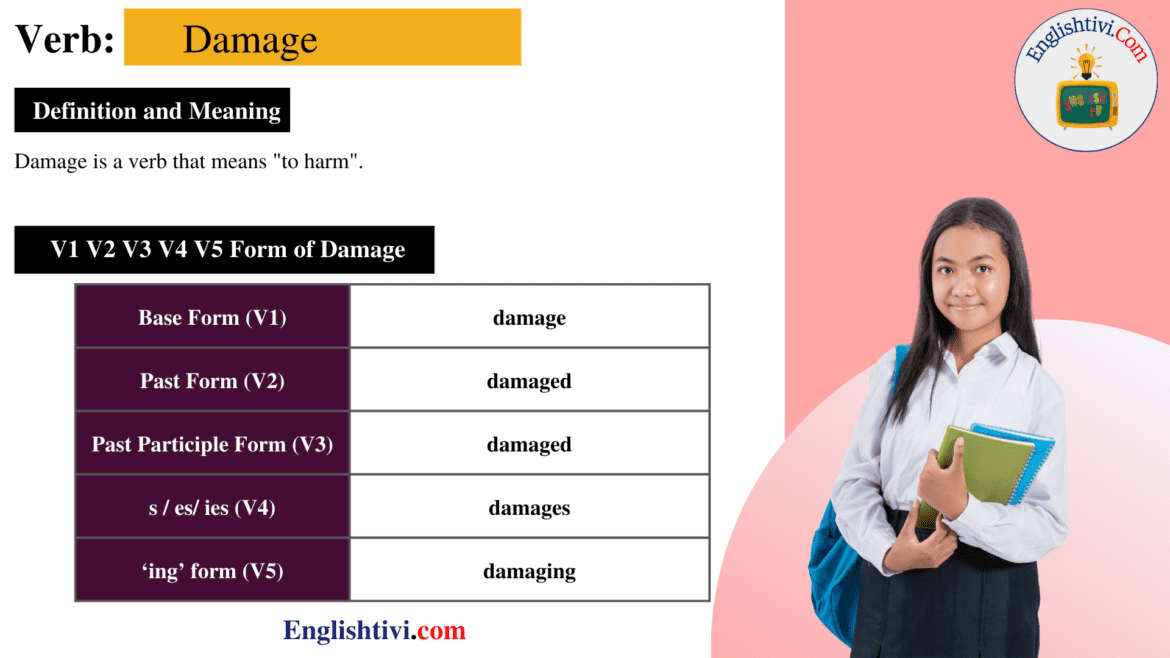 Damage V1 V2 V3 V4 V5 Base Form, Past Simple, Past Participle Form of damage
