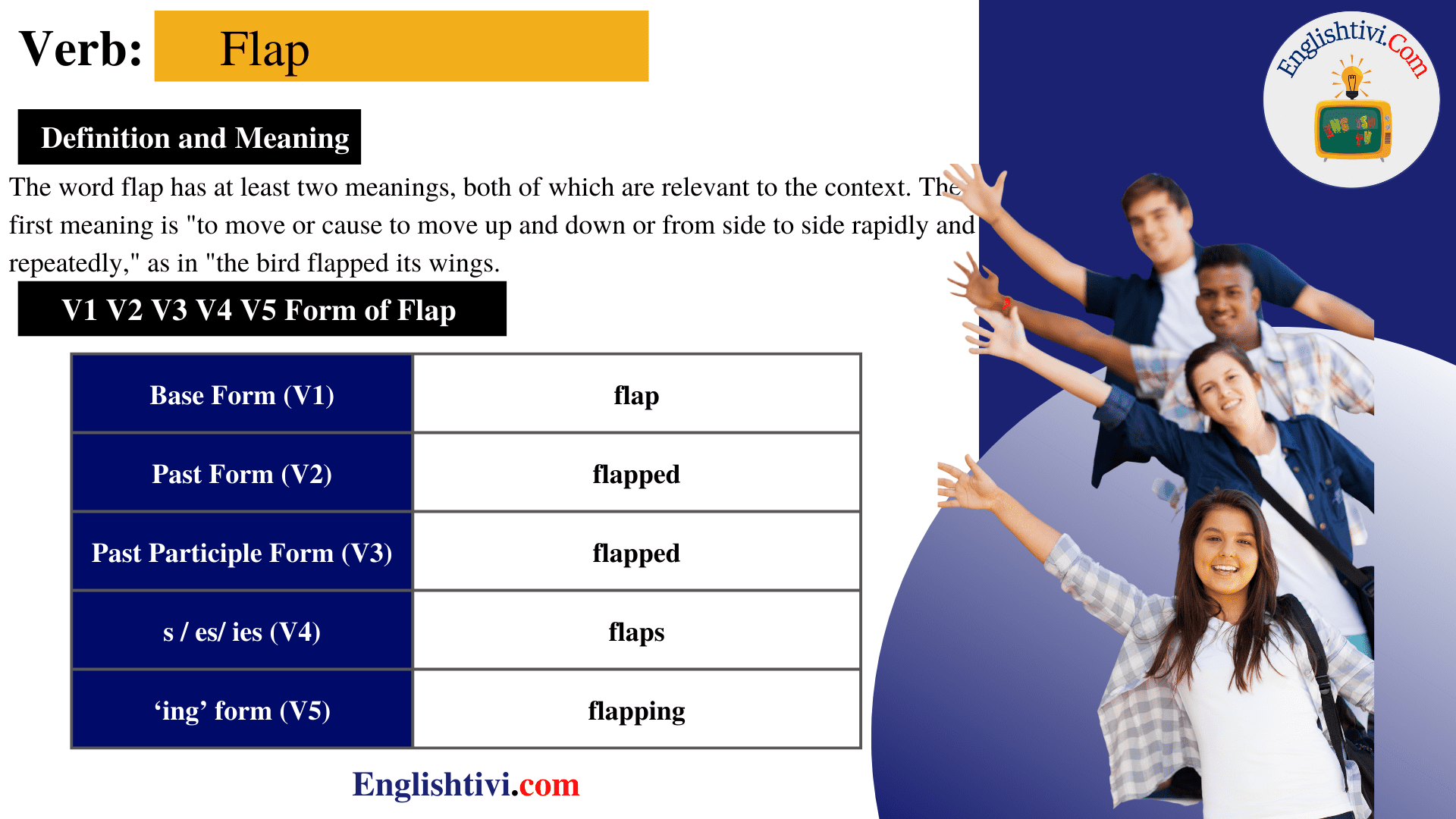 flap-v1-v2-v3-v4-v5-base-form-past-simple-past-participle-form-of